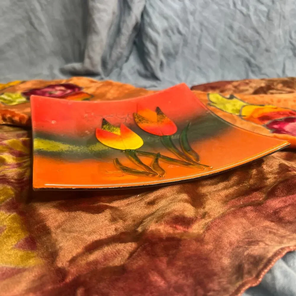 Square Fused Art Glass Tulip Platter Bowl Wall Hanging Handmade Vintage 70s